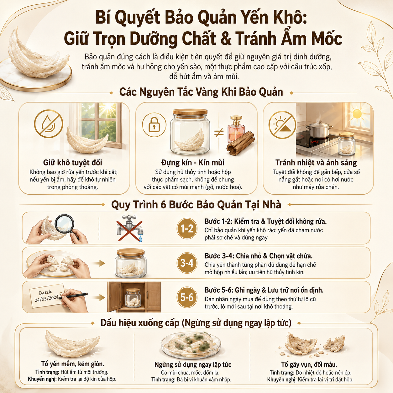 Tóm tắt các bước bảo quản yến khô đúng cách tại nhà